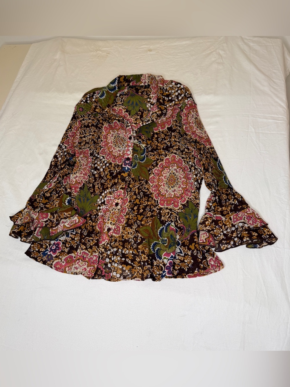 Vintage Essentials by Milano Floral Ruffle Hem Blouse - Pink & Olive